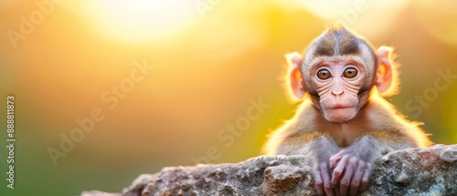  A monkey perched on a rock, hands framing its face as it gazes at the camera