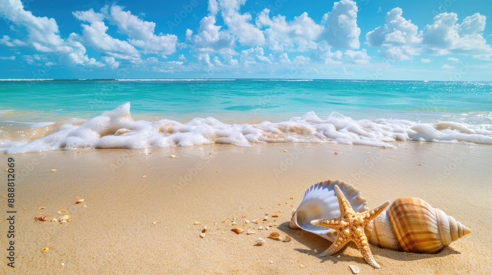 Tropical paradise beach scene with seashell and starfish on golden sand wide angle view Tropical paradise beach scene with seashell and starfish on golden sand wide angle view