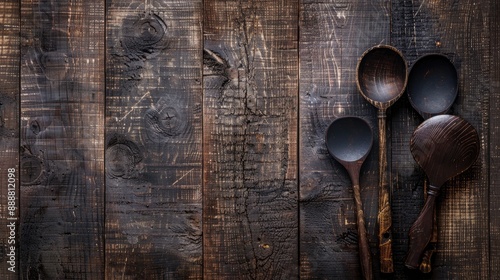 Weathered wooden background with dark utensils photo