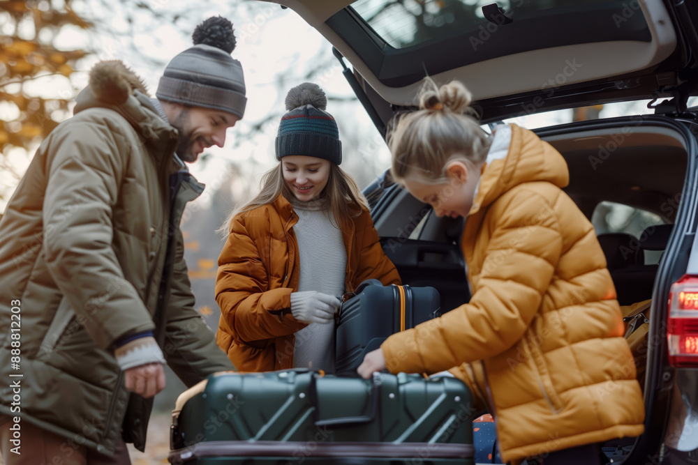 Caucasian family of four packing luggage into car trunk for holiday Caucasian family of four packing luggage into car trunk for holiday