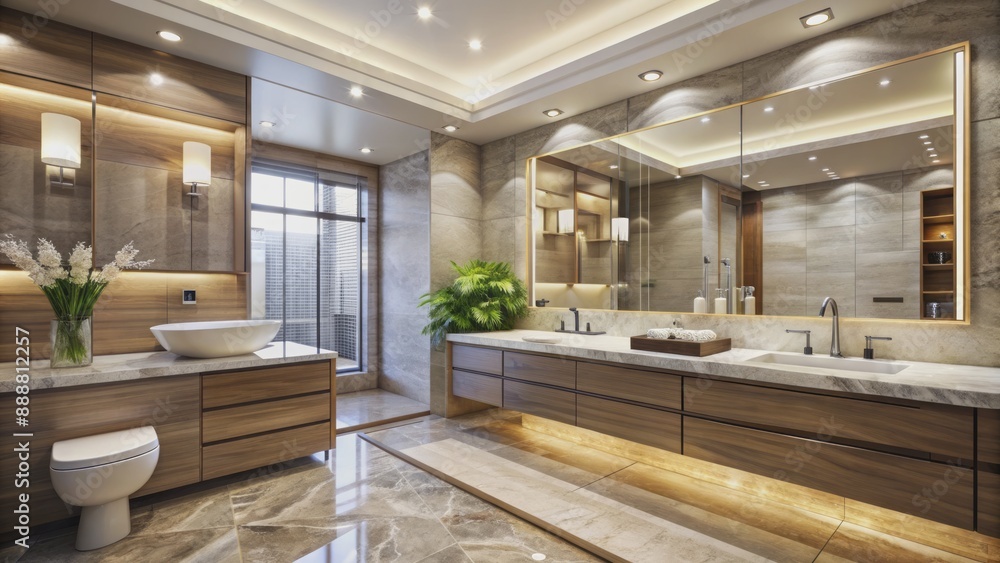 Fototapeta premium Sleek contemporary bathroom features crisp lines, marble countertops, and a serene ambiance, exuding luxury and sophistication in a calm atmosphere.