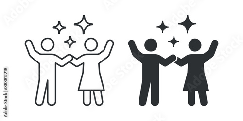 Icon depicting two people celebrating, arms raised with stars above, symbolizing joy and success. Vector illustration.