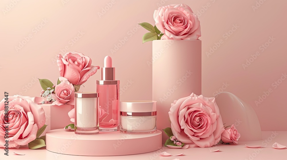 Elegant podium with pink roses, highlighting the natural beauty of spring-themed cosmetic products. Elegant podium with pink roses, highlighting the natural beauty of spring-themed cosmetic products.