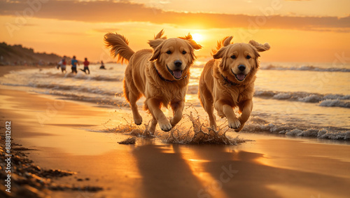 A golden retriever is running on a beach at sunset, kicking up sand and water.

 photo