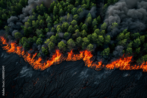 Forest fire with coniferous trees is on fire and smoke, top view photo