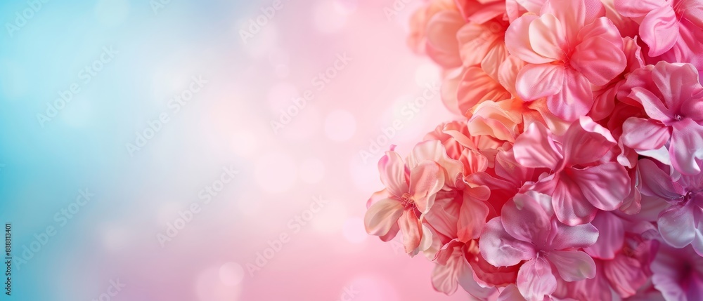 A tight shot of numerous pink blossoms against a backdrop of blue and pink Background features a gentle blur of light A tight shot of numerous pink blossoms against a backdrop of blue and pink Background features a gentle blur of light