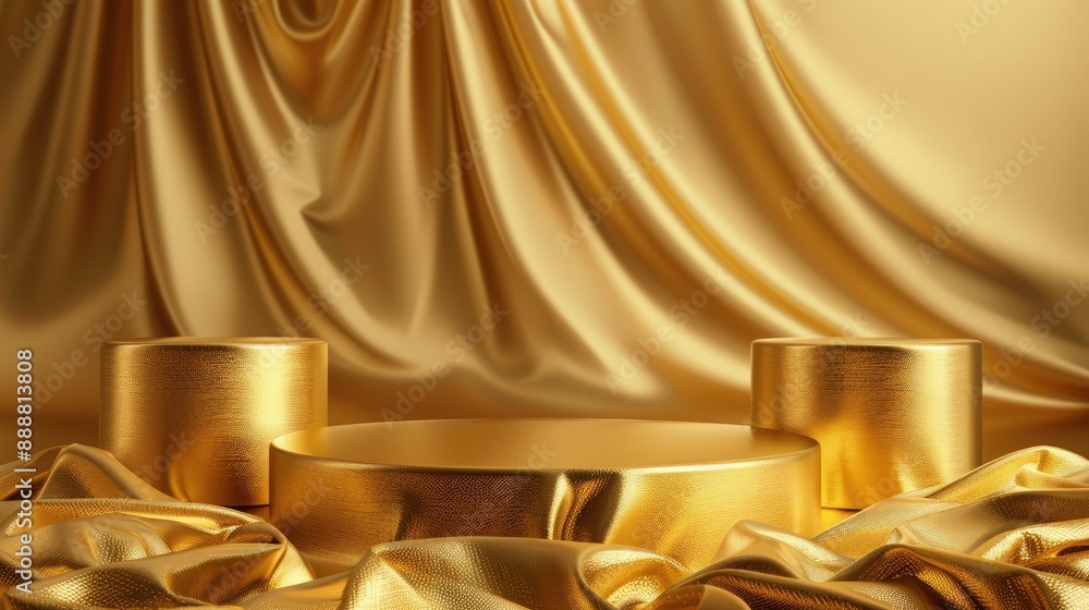 Luxurious gold fabric podium, set against a 3D golden background, perfect for high-end product displays. Luxurious gold fabric podium, set against a 3D golden background, perfect for high-end product displays.