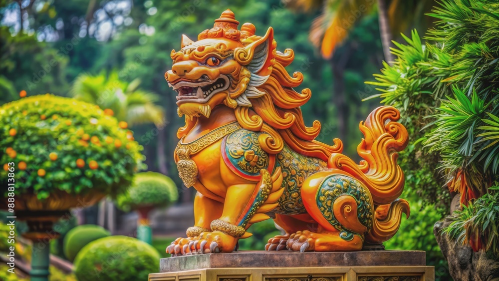 Fototapeta premium Vibrant orange and gold Chinese lion sculpture with intricate designs and fierce expression situated on a ornate pedestal outdoors.