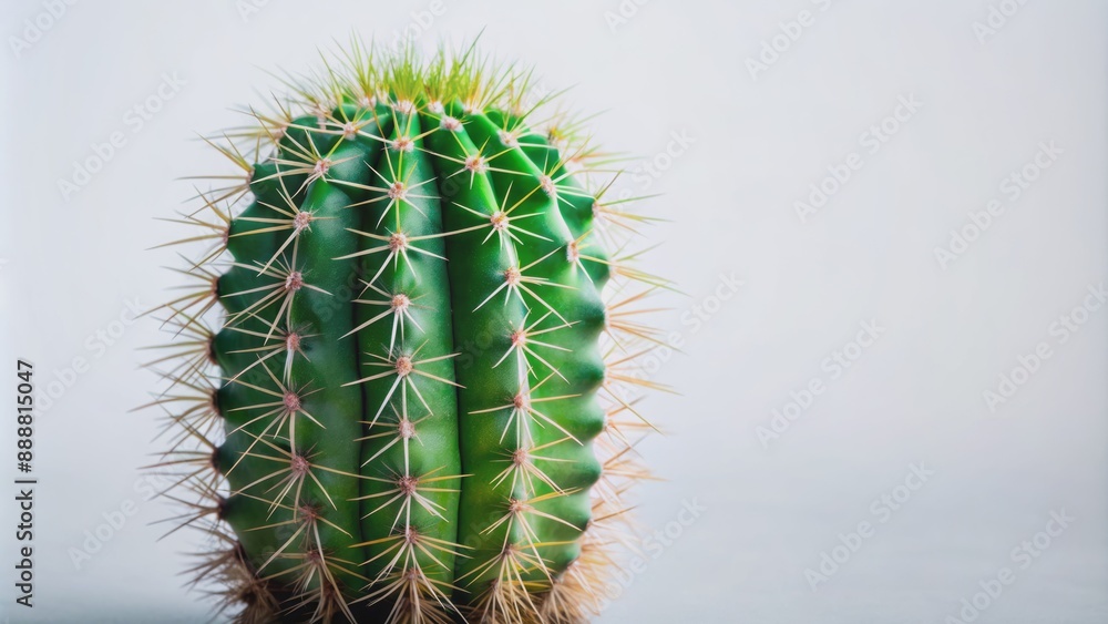 A solitary, vibrant green, ornate cactus stands upright, its prickly spines glistening, against a stark, neutral, isolated white backdrop.