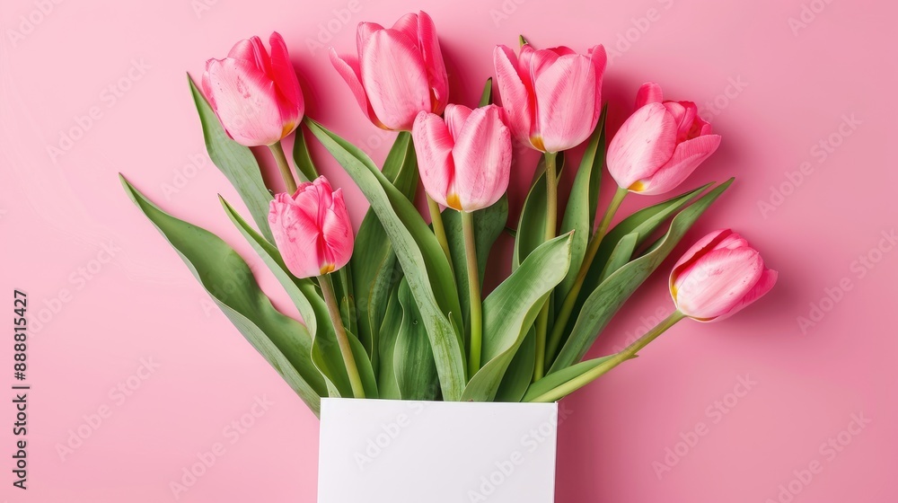 Pink tulip flowers in white packaging on pink backdrop Top view with space for text Floral card invite vertical banner Card mockup Pink tulip flowers in white packaging on pink backdrop Top view with space for text Floral card invite vertical banner Card mockup