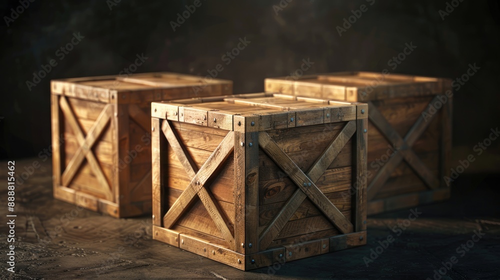 Protective Wood Crates for Safe Shipping Secure Cargo on Dark Background Protective Wood Crates for Safe Shipping Secure Cargo on Dark Background