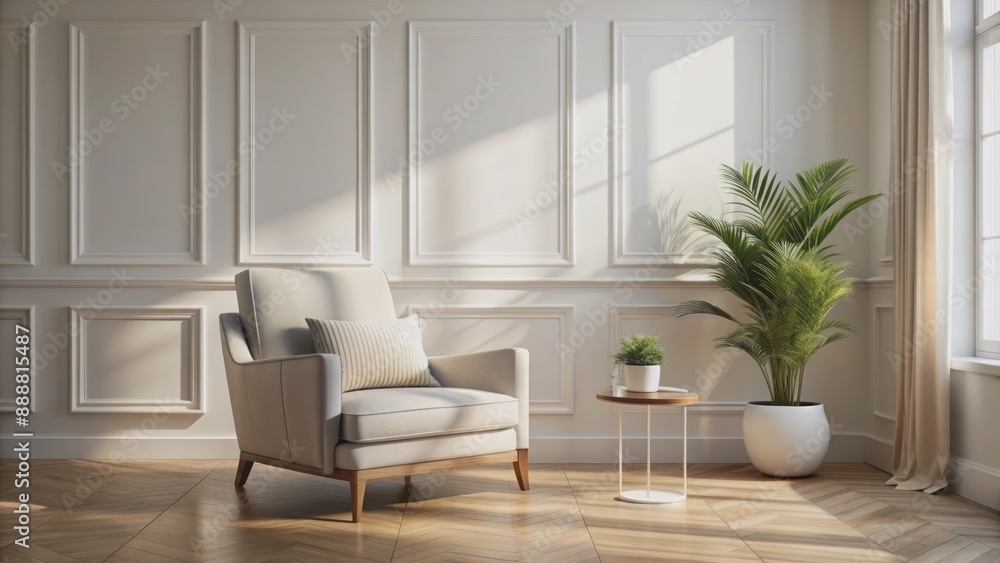 Serene minimalist living space with elegant armchair against blank white wall, flooded with natural light and warm ambiance. Serene minimalist living space with elegant armchair against blank white wall, flooded with natural light and warm ambiance.