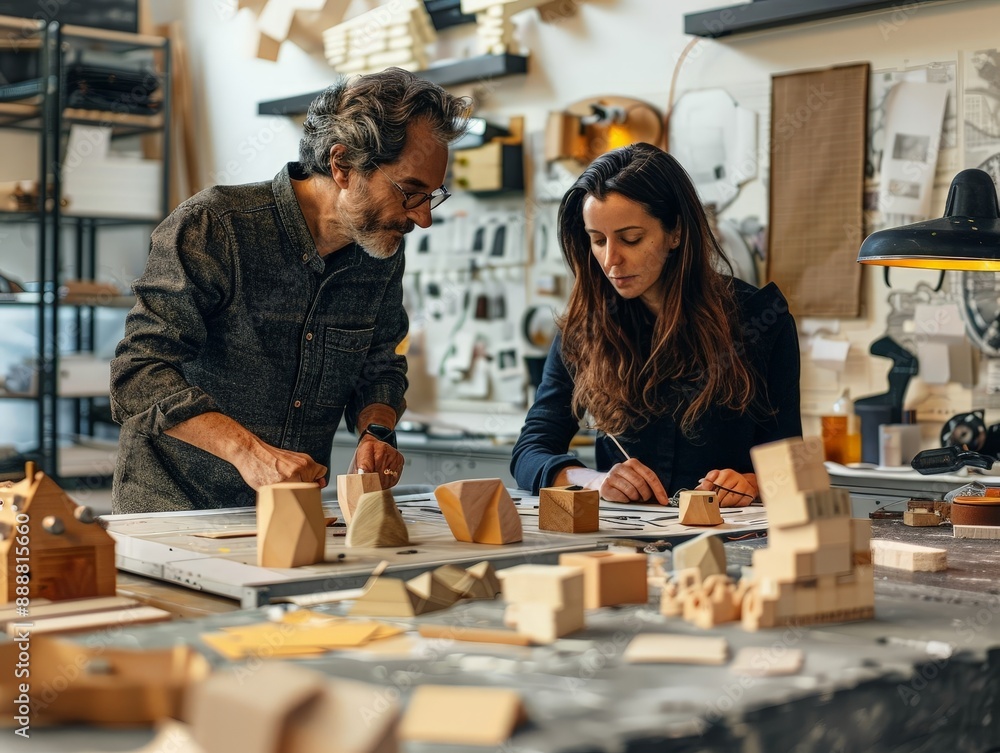 Fototapeta premium Dynamic Workspace: Creative Professionals Crafting Product Mockups with Innovative Materials Hands-On