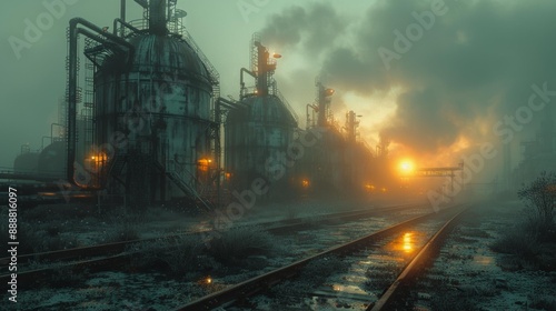 Industrial factory at sunset with smoke - generative ai photo