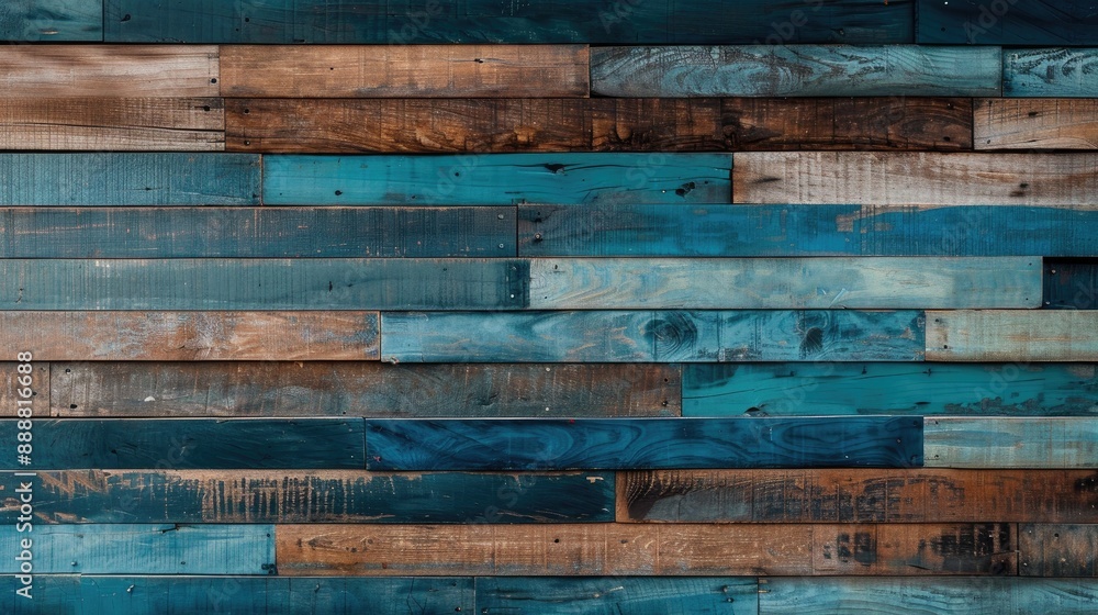 Reclaimed wood wall with aged boards in blue and teal hues Horizontal image with space for text Reclaimed wood wall with aged boards in blue and teal hues Horizontal image with space for text