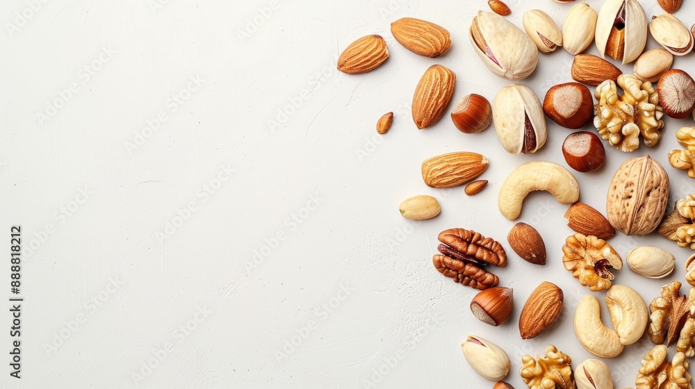 Various tasty nuts on white surface top view Room for text Various tasty nuts on white surface top view Room for text