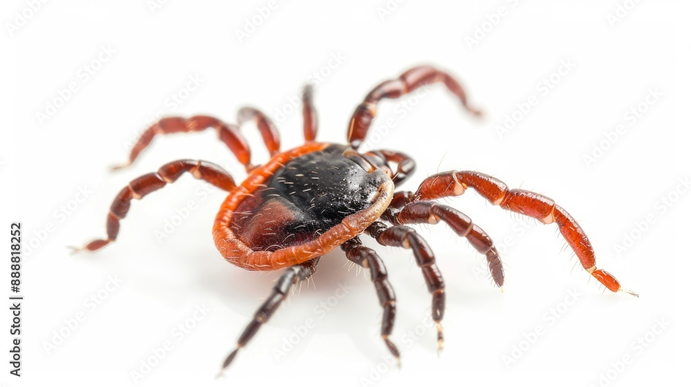 Small deer tick with scale on white background Ixodes ricinus or scapularis Larva stage insect filled with blood close up shot Diseases transmitted by ticks Small deer tick with scale on white background Ixodes ricinus or scapularis Larva stage insect filled with blood close up shot Diseases transmitted by ticks