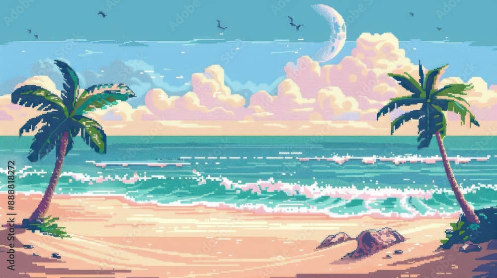 Obraz premium Beautiful tropical beach landscape with palm trees, ocean waves, and a serene sky, ideal for vacation and travel concepts.