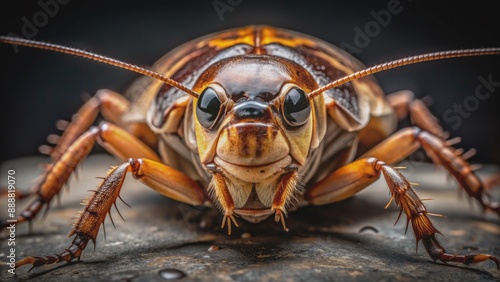 Macro shot of a brown American cockroach's shiny exoskeleton, antennae, and beady eyes on a dark stone surface texture.