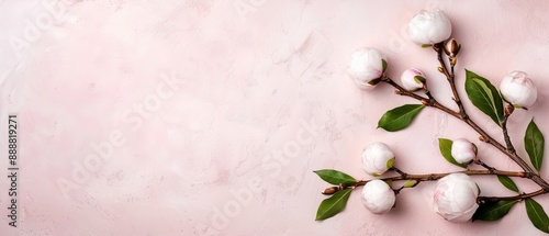 Pink..Subject: Branch with white blooms and green foliage against it..Text placeholder: Available for inspiration or message here (Max 45 tokens photo