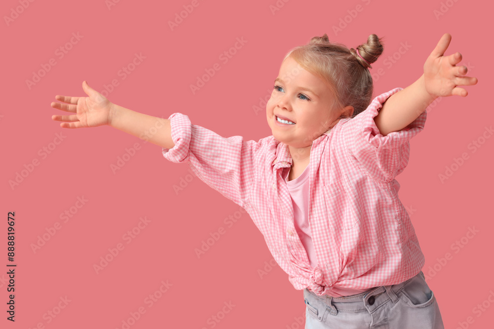 Cute little girl opening arms for hug on pink background Cute little girl opening arms for hug on pink background