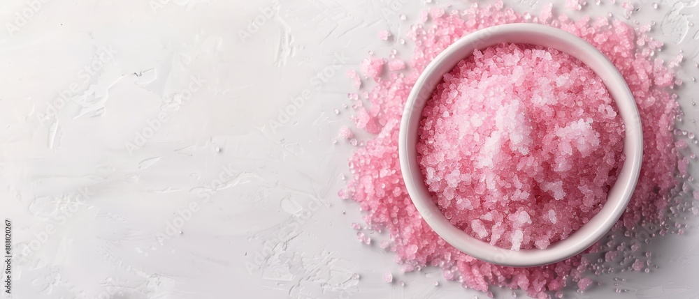 Two white bowls, each holding pink sugar, sit side by side on a white counter top Two white bowls, each holding pink sugar, sit side by side on a white counter top