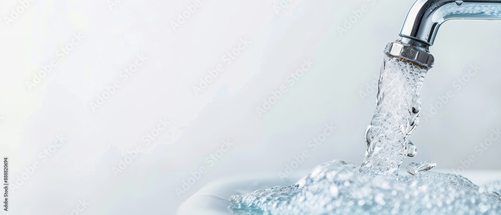 A tight shot of a faucet dispensing water against a backdrop of a pristine white wall A tight shot of a faucet dispensing water against a backdrop of a pristine white wall