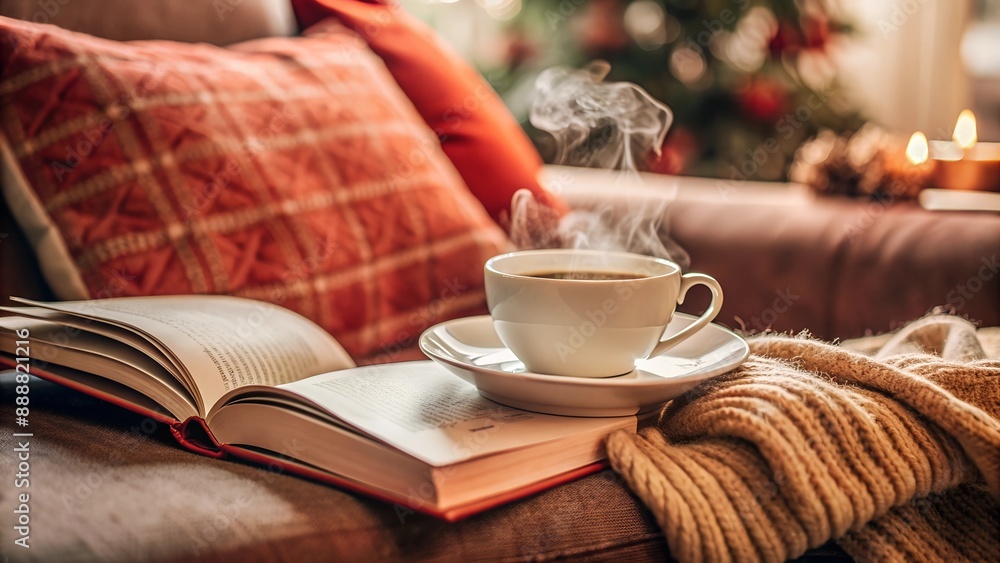 Cozy Winter Moments. A Cup of Hot Tea, a Book, and a Warm Blanket Representing Comfort, Relaxation, and the Perfect Winter Afternoon Indoors