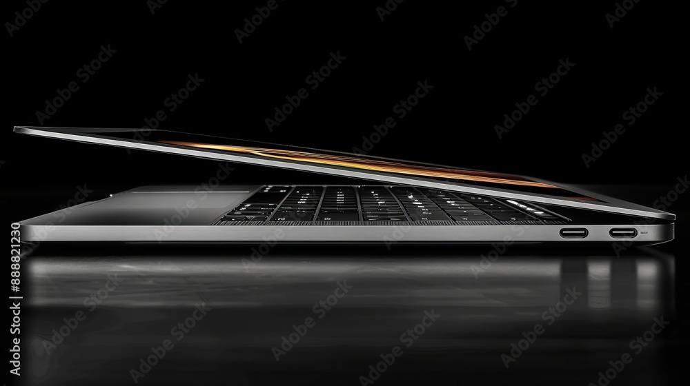 Silver Laptop Open on Black Background Silver Laptop Open on Black Background