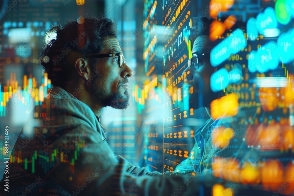 Financial Expert Analyzing Global Market Trends Using Advanced Software in Modern Office Setting Financial Expert Analyzing Global Market Trends Using Advanced Software in Modern Office Setting