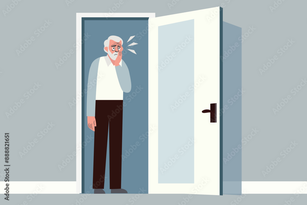old elderly man standing alone at door,  forgetful dementia concept. brain memory lost,  vitamin supplement, doctor therapy care. 