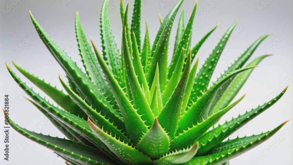 Vibrant green aloe vera plant with thick fleshy leaves and thick stem standing against a plain white background naturally lit. Vibrant green aloe vera plant with thick fleshy leaves and thick stem standing against a plain white background naturally lit.