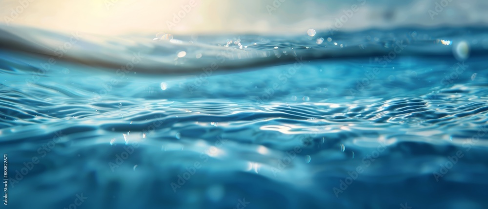 A tight shot of the water's surface, with the ocean and sky subtly blurred behind it A tight shot of the water's surface, with the ocean and sky subtly blurred behind it