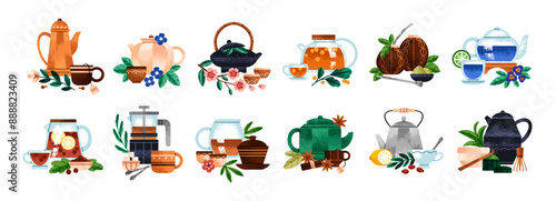Different types of herbal drinks set. Teapots, cups with various beverages. Teacups, mugs with matcha, black, green, blue, fruit, hibiscus tea. Flat isolated vector illustrations on white background