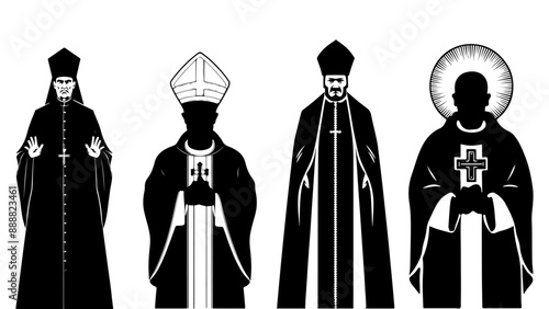 Tall scary silhouettes of Catholic priests in traditional church clothes. Set of monochrome vector sketches on religious themes