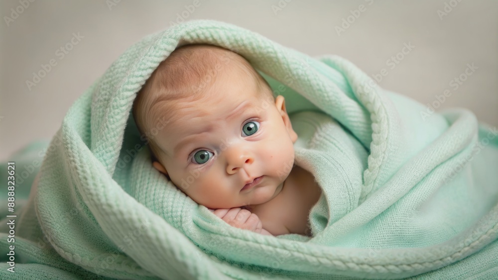 Adorable infant peeking out from underneath soft mint green blanket with subtle ivory background and gentle folds. Adorable infant peeking out from underneath soft mint green blanket with subtle ivory background and gentle folds.