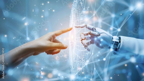 The robot arm tries to reach the human hand, the concept of artificial intelligence and human-robot interaction