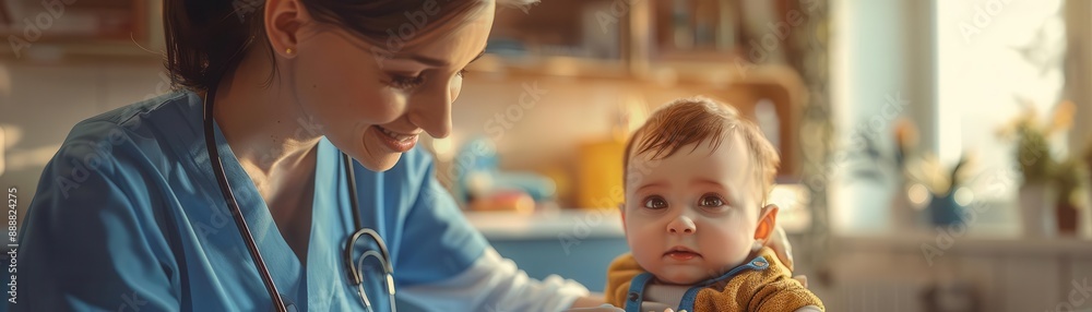 Healthcare worker giving medicine to a baby, 3D rendering, vibrant colors, modern medical setting, focused and caring expression Healthcare worker giving medicine to a baby, 3D rendering, vibrant colors, modern medical setting, focused and caring expression