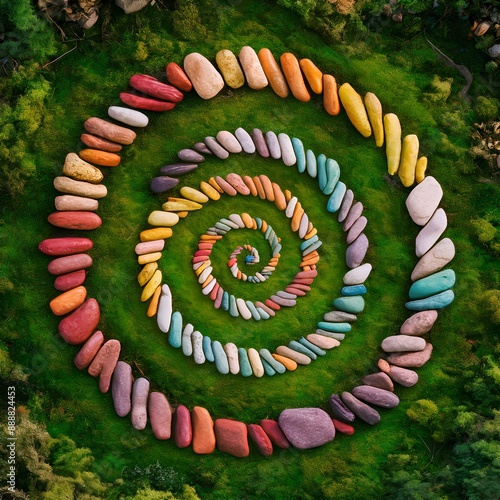 Vibrant Spiral of Colorful Stones on Green Grass