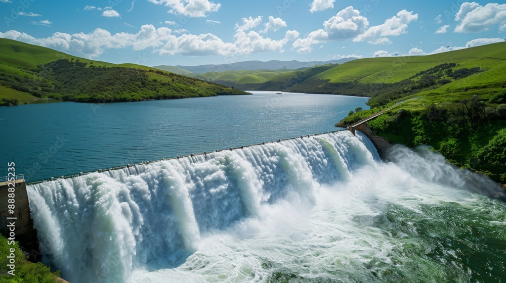 Wide-Angle View of Dam with Water Release into Lake and Surrounding Lush Green Hills Wide-Angle View of Dam with Water Release into Lake and Surrounding Lush Green Hills