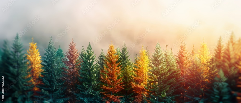 A forest teeming with numerous trees, their canopies painted in yellow and red leaves, overlays a verdant forest rich in trees bearing similar autumnal hues A forest teeming with numerous trees, their canopies painted in yellow and red leaves, overlays a verdant forest rich in trees bearing similar autumnal hues