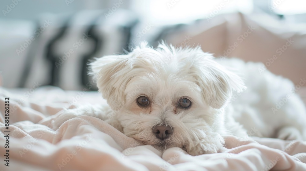 Unhappy white puppy resting on a bed at home Unhappy white puppy resting on a bed at home