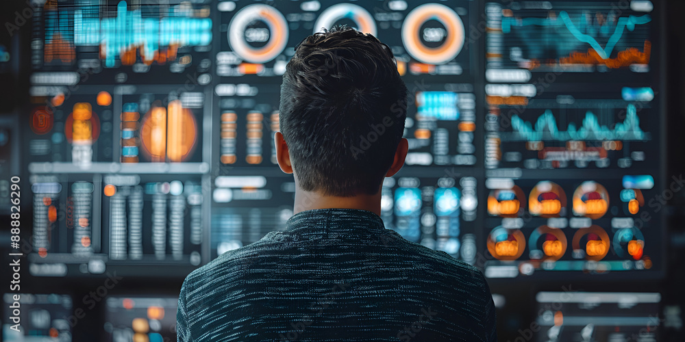 An individual examining multiple data sets on a screen. An individual examining multiple data sets on a screen.