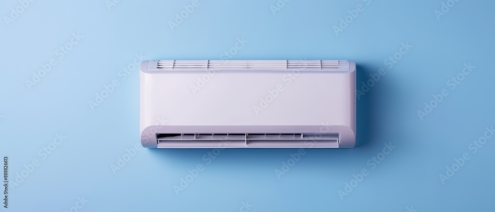 A white air conditioner sits atop a blue wall Nearby, a white wall-mounted unit is attached to the adjacent wall A white air conditioner sits atop a blue wall Nearby, a white wall-mounted unit is attached to the adjacent wall