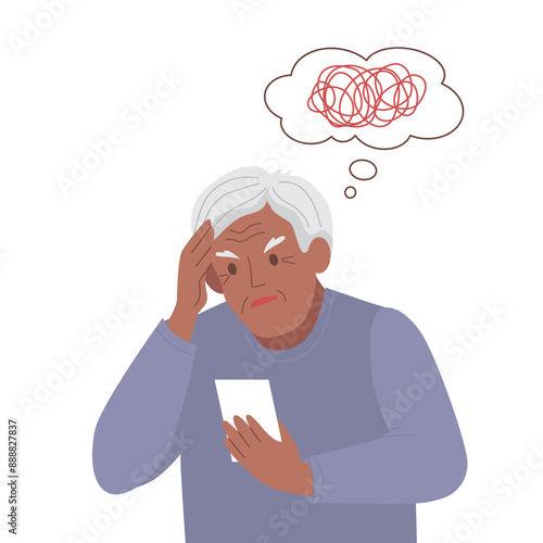 Black Old man suffer from dementia loss memory. Senior male struggle with Alzheimer disease. Flat vector illustration. 