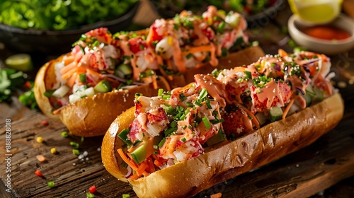Obraz na płótnie Delectable lobster rolls with veggies and lobster meat inside w salonie