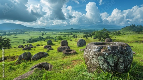 Majestic Plain of Jars, Laos, ancient stone jars spread across verdant fields, serene and mysterious landscape photo