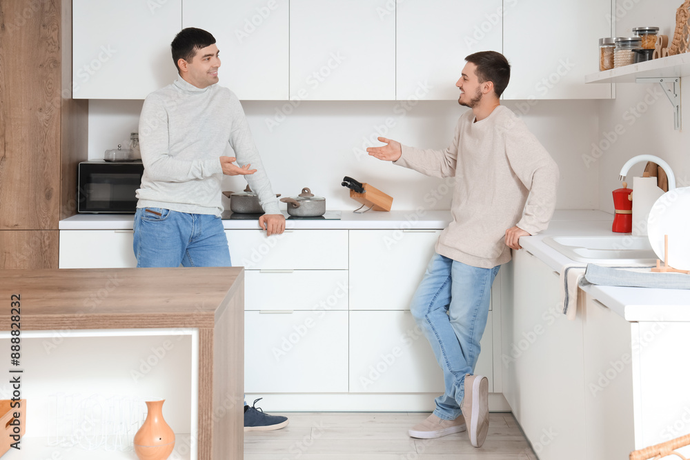 Handsome young brothers in kitchen Handsome young brothers in kitchen