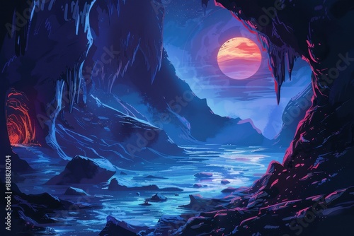 Bioluminescent cavern with a distant red moon and a glowing entrance photo