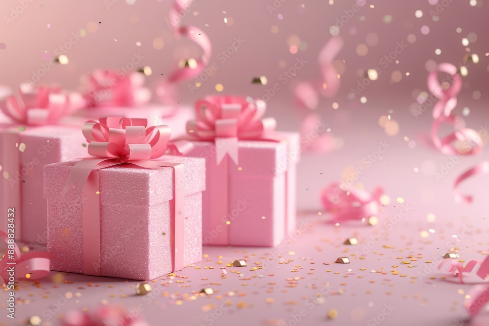 pink gift boxes with bows and ribbons with confetti on a festive, delicate, soft background pink gift boxes with bows and ribbons with confetti on a festive, delicate, soft background